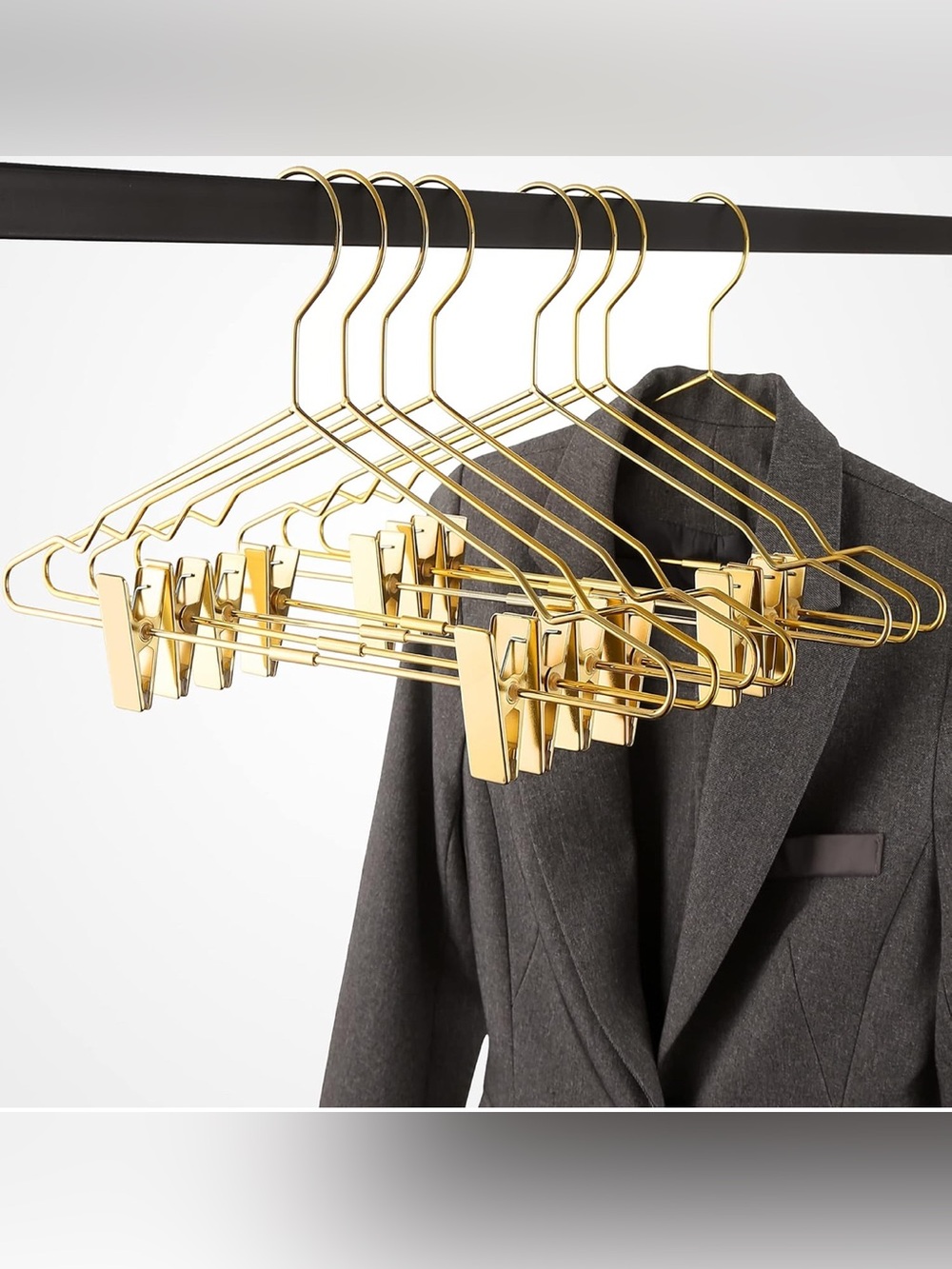 Gold Metal Wire Clothes Hangers, Heavy Duty, Adjustable Clips, Set of 15